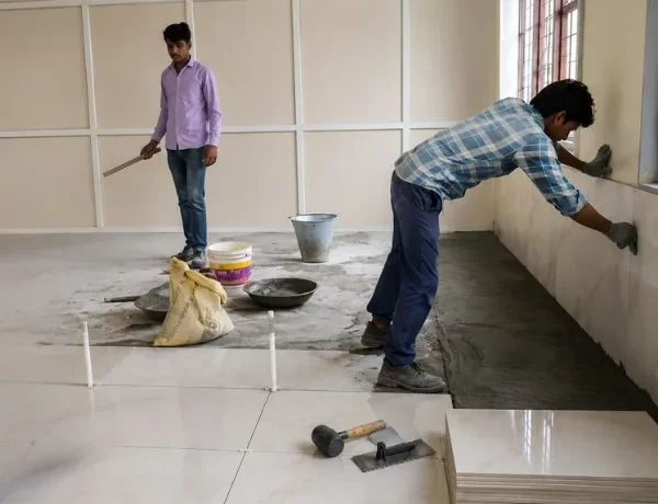 Professional tile installation workers laying floor and wall tiles at an indoor construction site.