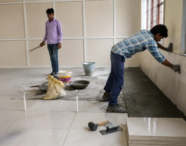 Professional tile installation workers laying floor and wall tiles at an indoor construction site.